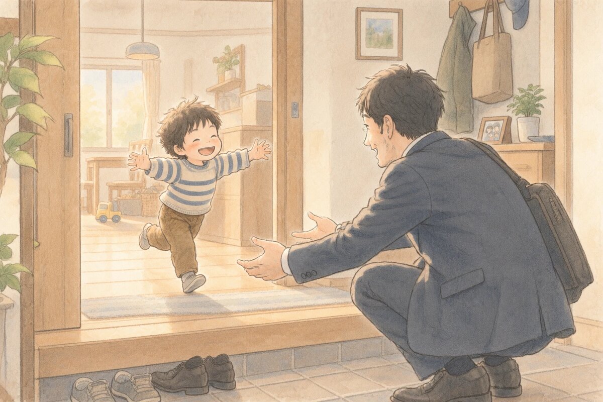 帰宅した父親を笑顔で出迎える男の子のイラスト