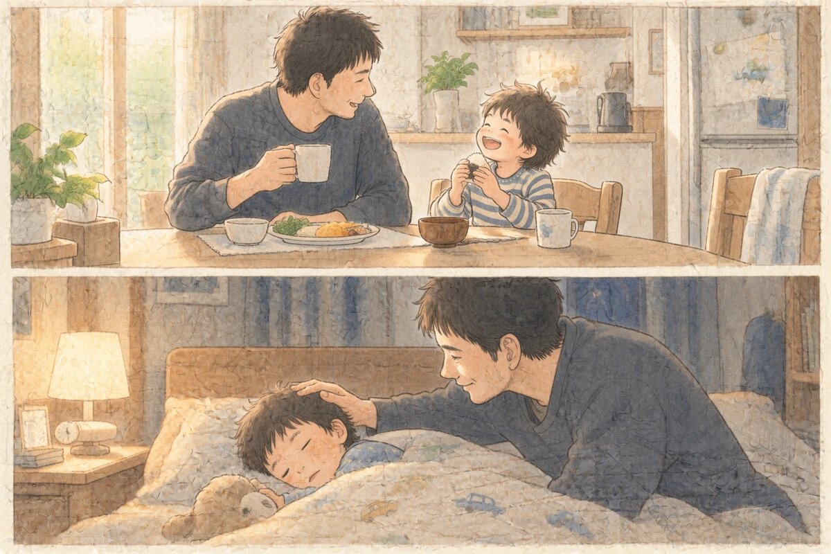 夕食と、寝ている子の頭をなでる父親のイラスト